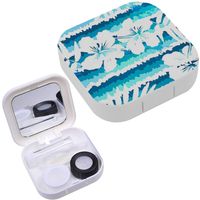 Portable Contact Lens Case Box Travel Kit Mirror + Bottle + Tweezers Container Holder [ Blue Bright Flowers Stripes ]