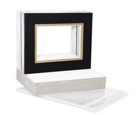 Pack of 32 8x10 Black/Metallic Gold Double Mats Mattes with White Core Bevel Cut for 5x7 Photo + Backing + Bags