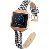 YiJYi Slim Woven Leather Bands Compatible with Fitbit Blaze,Chic Canvas Fabric Band Plus Soft Leather Lining Replacement Strap Wristband (Houndstooth/Rose Gold Frame)