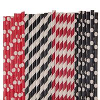 Biodegradable Paper Straws Mix, Black And Red, Polka Dot Striped (100)