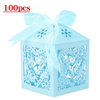 Lucky Monet 25/50/100PCS Love Heart Laser Cut Wedding Candy Gift Box Chocolate Box for Wedding Favor Birthday Party Bridal Shower with Ribbon (100pcs, Baby Blue)