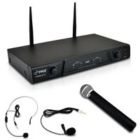 Dual Channel Wireless Microphone System - Portable VHF Audio Mic Set with Clip Lavalier lapel, Handheld, Headset, Transmitter, ¼'' cable, power adapter - For Karaoke, PA DJ - Pyle Pro PDWM2115