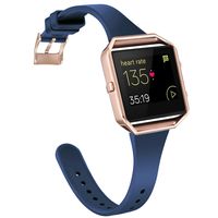 Amcute Compatibe for Fitbit Blaze Band Slim Narrow Thin Silicone Replacement Wristband with Metal Frame for Fitbit Blaze Bands Women Men Small Large (Navy Blue&Rose Gold, Large)