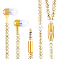 New Fashion Women Girl Rhinestone Jewelry Design Pearl Necklace Earphones,Super Bass HIFI Wired Earbuds Headphones with Mic Stereo Sound Music Earpiece for IOS and Android Smartphone (gold)