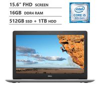 Dell Inspiron 15.6" Full HD Screen Laptop, Intel Core i5-8250U Quad-Core Processor, 16GB Memory, 512GB M.2 SSD + 1TB HDD, Backlit Keyboard, HDMI, Wireless-AC, Bluetooth 4.1, Windows 10 Home, Silver