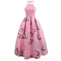 Women Halter Floral Long Swing Dress Sleeveless Prom Party Ball Gown Formal Evening Beach Maxi Dress (Pink, M)