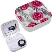 Portable Contact Lens Case Box Travel Kit Mirror + Bottle + Tweezers Container Holder [ Flowers Lines Roses ]