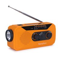 Tiemahun Solar/Hand Cranked Emergency Dynamo Powered AM/FM/NOAA Radio LED Flashlight Lantern 2000mAh Power Bank with Earphone Jack & Battery Power Indicator (Orange)