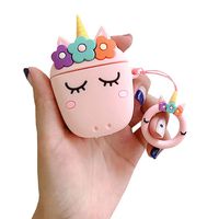 ICI-Rencontrer Cute Flowers Sleeping Horned Horse Airpods Case Girls Women Portable Airpods Accessories Soft Silcone Protective Wireless Earphone Case With Decoration Pink