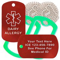 Custom 2 Pack - Dairy Allergy Medical Alert ID Necklaces with Red Custom Tags, Green Silencers, and 30'' USA Chains
