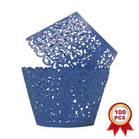 SUYEPER 100pcs Cupcake Wrappers Artistic Bake Cake Paper Cups Little Vine Lace Laser Cut Liner Baking Cup Muffin Case Trays for Wedding Party Birthday Decoration (Navy Blue)