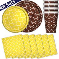 Paper Dinnerware Set for 48 - Brown Bark & Yellow - Dinner Plates, Dessert Plates, Cups, Napkins - Heavy Duty Disposable Tableware Dishes for Parties with Lattice Design