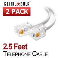 (2 Pack) 2.5 Feet White Telephone Cord, 6P4C RJ11 Plugs, 4 Conductor Phone Line Cable (30 Inches)