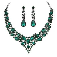 Youfir Bridal Austrian Crystal Necklace and Earrings Jewelry Set Gifts fit with Wedding Dress(Emerald Color-Black Tone)