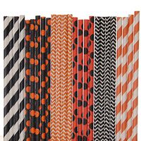 Biodegradable Paper Straws Mix, Halloween, Orange Black, Striped Polka Dot Bats Spiders Skulls (50)