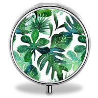 Tropical Leaves Pill Case, Round Stainless Drug Organizer Container Medicine Cover for Pocket Daily&Weekly