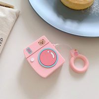UR Sunshine AirPods Case, Super Cute Creative Camera Shape Soft Silicone Case Cover Protective Skin for AirPods+Ring Lanyard-Pink