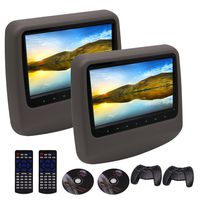Universal Pair of Grey Car Headrest with 9inch Free Region DVD Player Touch Key Control Car Pillow Monitor Car Backseat Entertainment Center Support 32Bit Games USB SD IR FM Transmitter