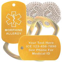 Custom 2 Pack - Morphine Medical Alert ID Necklaces with Gold Custom Tags, Camo Forest Silencers, and 30'' USA Chains