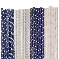 Biodegradable Paper Straws Mix, Dark Blue And Silver, Polka Dot Chevron Star (50)
