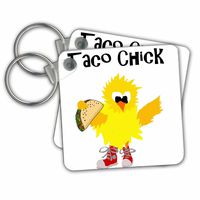 3dRose Key Chains Funny Cute Taco Chick Cartoon with Chicken Eating Taco, Set of 2, 2.25 x 2.25" (kc_263808_1)