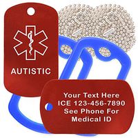 Custom 2 Pack - Autistic Medical Alert ID Necklaces with Red Custom Tags, Blue Silencers, and 30'' USA Chains
