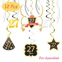 27 Birthday Decoration Happy 27th Birthday Party Silver Black Gold Foil Hanging Swirl Streamers I'm Twenty-seven Years Old Today Birthday Hat Gold Star Ornament Party Present Supplies