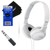 Sony MDRZX110AP ZX Series Extra Bass Smartphone Headset with Mic (White) + 3.5mm Mini Plug to 1/4 inch Headphone Adapter & HeroFiber Ultra Gentle Cleaning Cloth