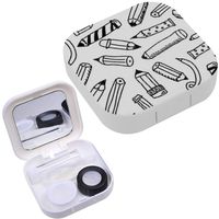 Portable Contact Lens Case Box Travel Kit Mirror + Bottle + Tweezers Container Holder [ Pencils Sketch Monochrome ]