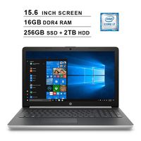 HP 2019 Newest 15.6 Inch HD Laptop (Intel Quad Core i7-8550U up to 4.0 GHz, 16GB RAM, 256GB SSD + 2TB HDD, Intel HD Graphics 620, WiFi, Bluetooth, DVD, HDMI, Windows 10) (Silver)