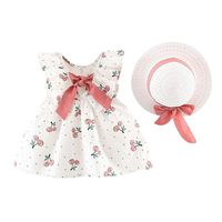 Baby Girls Skirt Set, Newborn Cherry Dot Bow Strap Princess Party Casual Dresses with Sun Hats