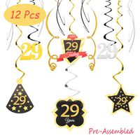 29 Birthday Decoration Happy 29th Birthday Party Silver Black Gold Foil Hanging Swirl Streamers I'm Twenty-nine Years Old Today Birthday Hat Gold Star Ornament Party Present Supplies