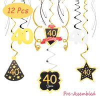 40 Birthday Decoration Happy 40th Birthday Party Silver Black Gold Foil Hanging Swirl Streamers I'm Forty Years Old Today Birthday Hat Gold Star Ornament Party Present Supplies