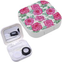 Portable Contact Lens Case Box Travel Kit Mirror + Bottle + Tweezers Container Holder [ Floral Roses Pink ]