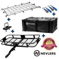 Nevlers Folding Hitch Mount Cargo Carrier with Net, Cargo Storage Bag, 2 Blue Ratchet Straps and Bonus Hitch stabilizer - Waterproof - 500 lb Weight Limit