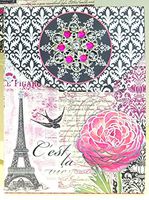 Punch Studio Brooch 5 inch Notepad ~ C'est La Vie Script Eiffel Tower (98655) Birds (Swallows), Flowers, Pink, Black, Purple