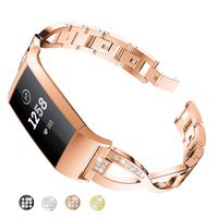 Taolla Compatible with Fitbit Charge 2 Bands Women, Stainless Steel Metal Replacement Bracelet Wristband X-Link Sport Smart Watch Strap+Bling Crystal Rhinestone Diamond for Fitbit Charge 2, Rose GOL