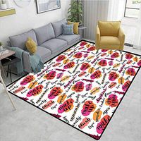 Fashion Contemporary Area Rug Large, Trendy Woman Make Up Elements with Calligraphy Blush Lipstick Powder Beauty Pattern, Easy Maintenance Area Rug Living Room Bedroom Carpet(3'x 5')