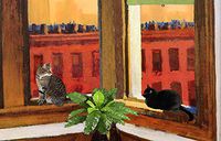 Cat Greeting Cards, Edward Hopper's Window Parody, Deluxe 5-pack, Handmade 5 X 7 Inch By Deborah Julian Art