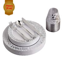 150pcs Silver Premium Plastic Cutlery&Plates Set/Confetti Birthday Tableware Including 25 Dinner Plates, 25 Salad or Dessert Plates & 25 Polished Silver Forks Knives & Spoons & 9oz cups