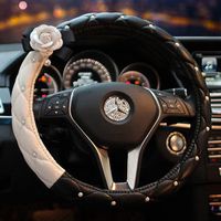 eing Fashion Cute Car Steering Wheel Cover with Diamond Pearl Flower,Idea for Girls Women Ladies,Universal Size & Fit for Four Season - Black+White&White Flower