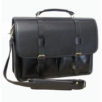 OTSK Black Leather Professor Briefcase, Business Softside Type, Zipper Pocket Drak Black, Flapover, Locking Briefcase Leather Shoulder Strap & Carrying Handle, Solid Pattern