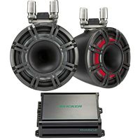 Kicker 44KMTC11 Charcoal 11" Speaker Boat Tower Horn Pair & 45KMA1502 Marine Amp