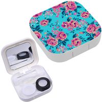 Portable Contact Lens Case Box Travel Kit Mirror + Bottle + Tweezers Container Holder [ Bright Roses On Blue ]