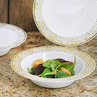 Tableclothsfactory 50 Pcs - White with Gold Trimmed 12oz Round Disposable Plastic Bowl - Lace Design