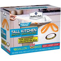 Member's Mark Tall Kitchen Simple Fit Drawstring Bags, 13 Gallon, 200 Count