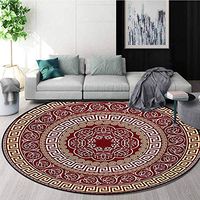 RUGSMAT Greek Key Modern Washable Round Bath Mat,Round and Square Ornament Meander with Floral Motifs and Spirals Non-Slip Bathroom Soft Floor Mat Home Decor,Diameter-47 Inch Ruby Pale Yellow White