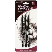 Mont Marte Woodless Charcoal Pencils, 3 Piece. Features 3 Grades Of Charcoal Including Soft, Medium and Hard.