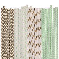 Gold and Mint Green Paper Straw Mix - Polka Dot, Damask, Chevron (25)