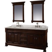 Wyndham Collection Andover 72 inch Double Bathroom Vanity in Dark Cherry, White Carrara Marble Countertop, Undermount Oval Sinks, and 28 inch Mirrors